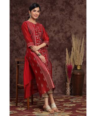 Juniper Maroon Modal Chanderi Printed Straight Kurta 5