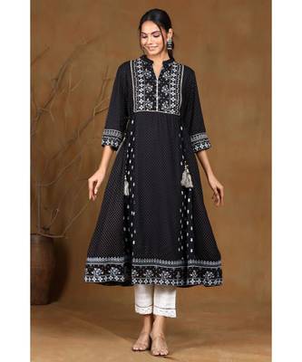 Juniper Black Rayon Printed A-Line Kurta 1