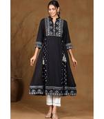 Juniper Black Rayon Printed A-Line Kurta