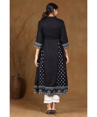 Juniper Black Rayon Printed A-Line Kurta 3