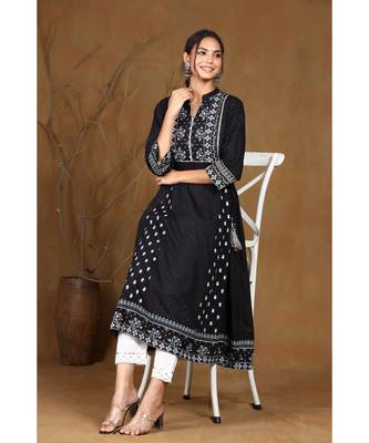 Juniper Black Rayon Printed A-Line Kurta 5
