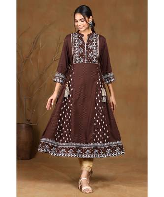 Juniper Coffee Rayon Printed A-Line Kurta 1