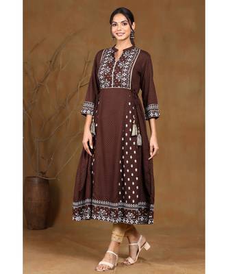 Juniper Coffee Rayon Printed A-Line Kurta 2
