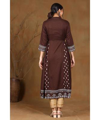 Juniper Coffee Rayon Printed A-Line Kurta 3