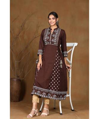 Juniper Coffee Rayon Printed A-Line Kurta 5