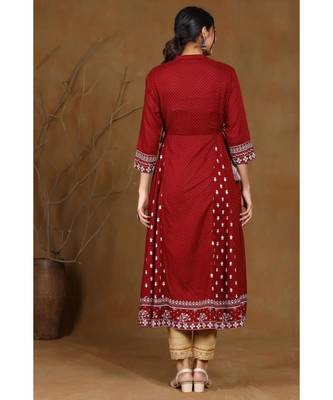 Juniper Maroon Rayon Printed A-Line Kurta 3
