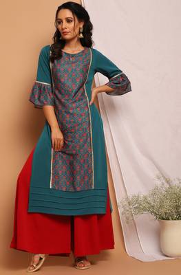 Janasya Green printed crepe kurta 1