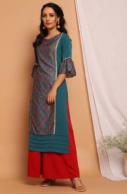 Janasya Green printed crepe kurta 2