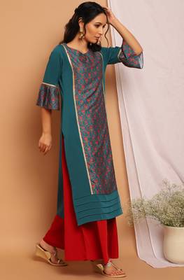 Janasya Green printed crepe kurta 3