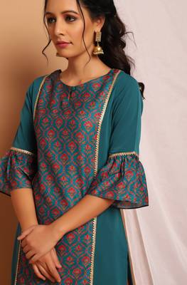 Janasya Green printed crepe kurta 5