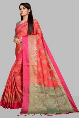 Peach  woven jacquard saree with blouse 1