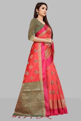 Peach  woven jacquard saree with blouse 4