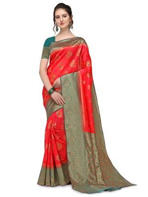 Red woven art silk saree with blouse 1