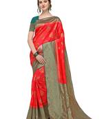 Red woven art silk saree with blouse