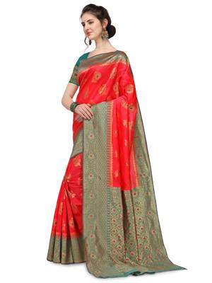 Red woven art silk saree with blouse 2