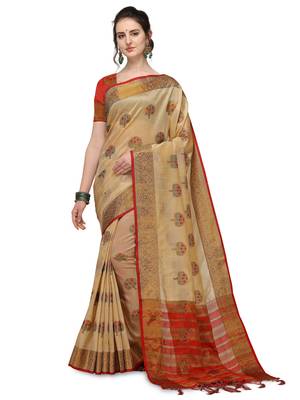 Beige Woven silk blend saree with blouse 1