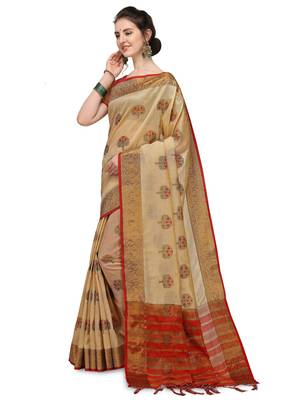 Beige Woven silk blend saree with blouse 3