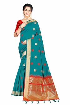 rama green banarasi silk woven saree with blouse
