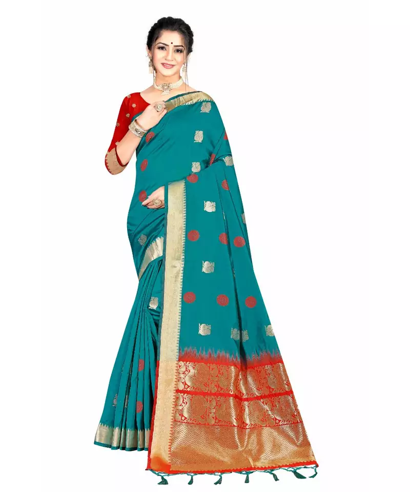 rama green banarasi silk woven saree with blouse