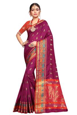 Purple woven cotton silk saree with blouse 1