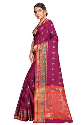 Purple woven cotton silk saree with blouse 4