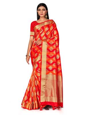 Red Woven Silk Blend Saree With Blouse 1