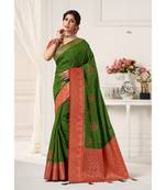 dark green silk embroidered saree with blouse