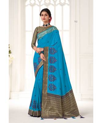 dark aqua blue silk embroidered saree with blouse 1