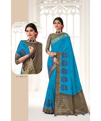 dark aqua blue silk embroidered saree with blouse 2
