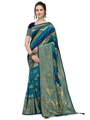 Blue woven silk blend saree with blouse 1
