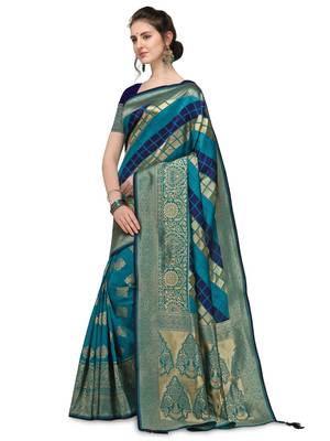 Blue woven silk blend saree with blouse 2