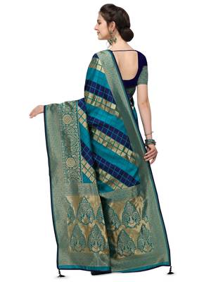 Blue woven silk blend saree with blouse 3