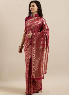 Wine Semi Silk Weaving Jacquard Work Designer Saree 1