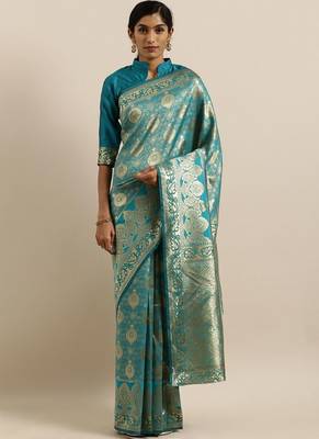 Turquoise Semi Silk Weaving Jacquard Work Designer Saree 1