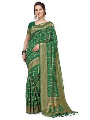 Green woven silk blend saree with blouse 1