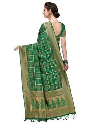 Green woven silk blend saree with blouse 2