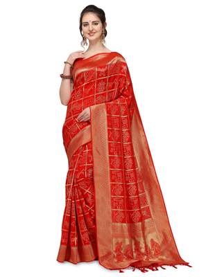 Orange woven silk blend saree with blouse 1