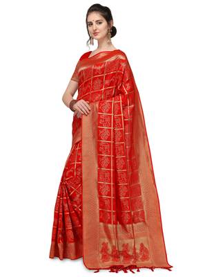 Orange woven silk blend saree with blouse 2