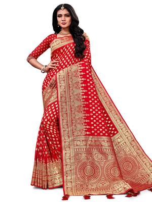 Red Woven Silk Blend Saree With Blouse 1