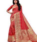 Red Woven Silk Blend Saree With Blouse