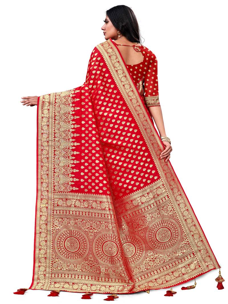 Red Woven Silk Blend Saree With Blouse