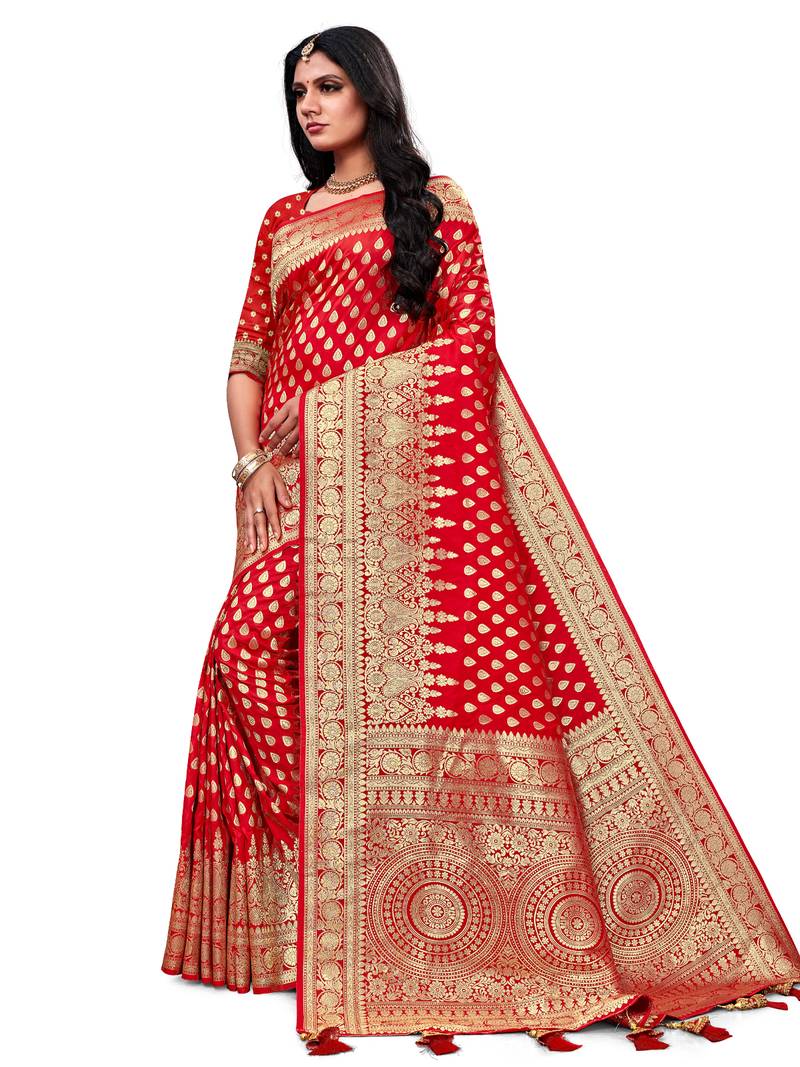 Red Woven Silk Blend Saree With Blouse