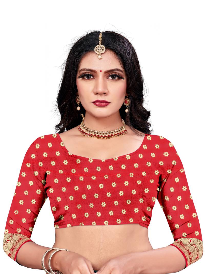 Red Woven Silk Blend Saree With Blouse