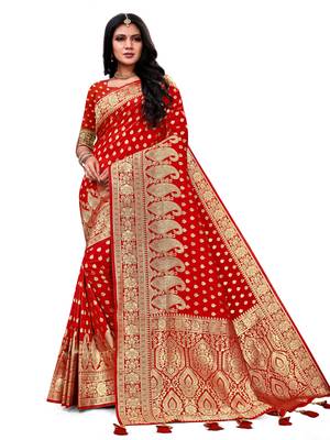 Red woven banarasi saree with blouse 1