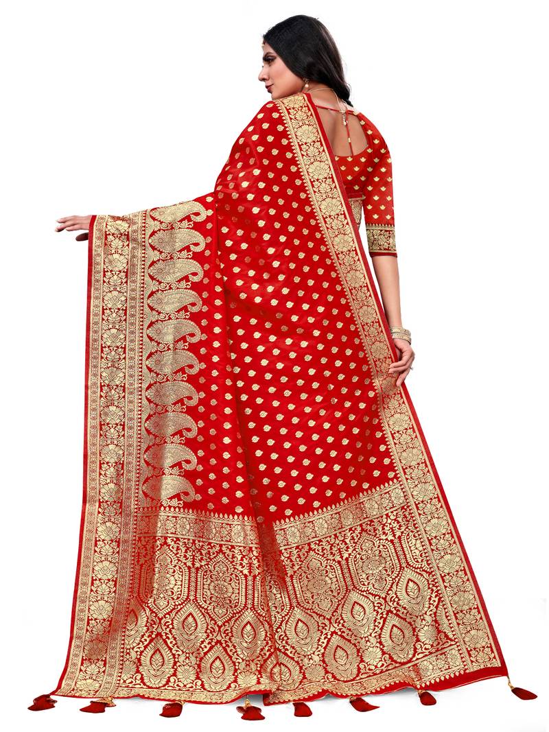 Red woven banarasi saree with blouse