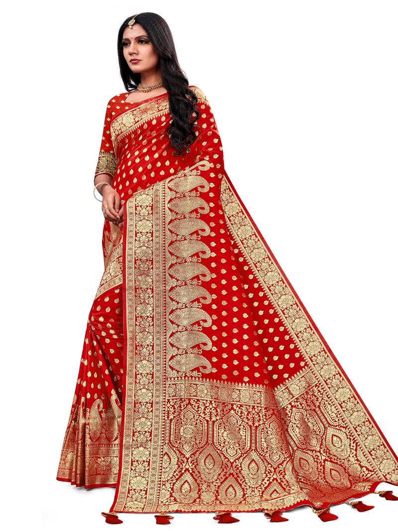 Red woven banarasi saree with blouse