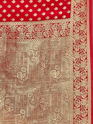 Red woven banarasi saree with blouse 4