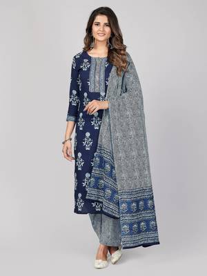 Vbuyz Women's Blue Printed & Embroidered Cotton Straight Kurta Pant With Dupatta 1