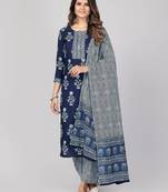 Vbuyz Women's Blue Printed & Embroidered Cotton Straight Kurta Pant With Dupatta