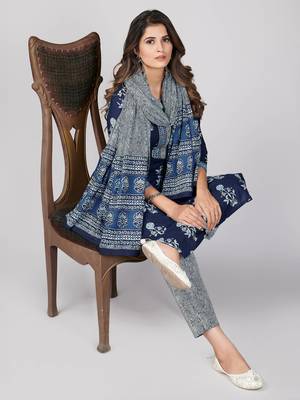 Vbuyz Women's Blue Printed & Embroidered Cotton Straight Kurta Pant With Dupatta 2
